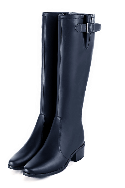 Navy blue women's knee-high boots with buckles. Round toe. Low leather soles. Made to measure. Front view - Florence KOOIJMAN